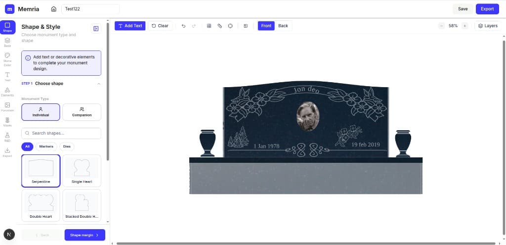 memria monument editor interface