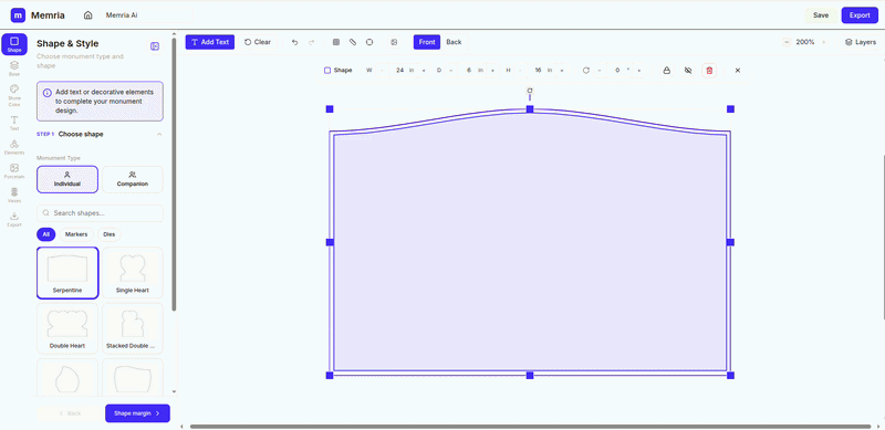 Shape panel step 3 — select polished finish (P1–P5 depending on shape).